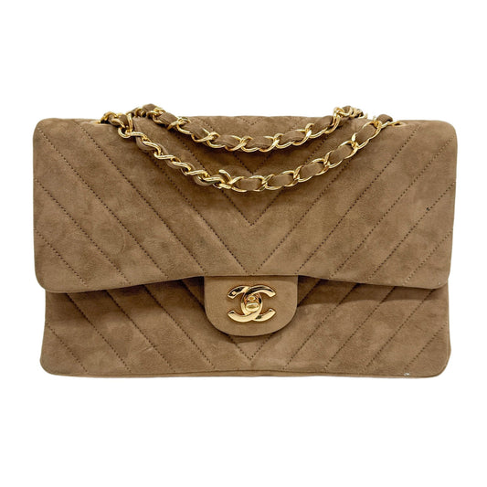Medium Classic Double Flap 1986-1988 Chevron Brown Suede Shoulder Bag