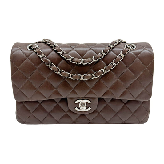Medium Classic Double Flap 2009-2010 Silver Hardware Matelasse Chocolate Brown Leather Shoulder Bag
