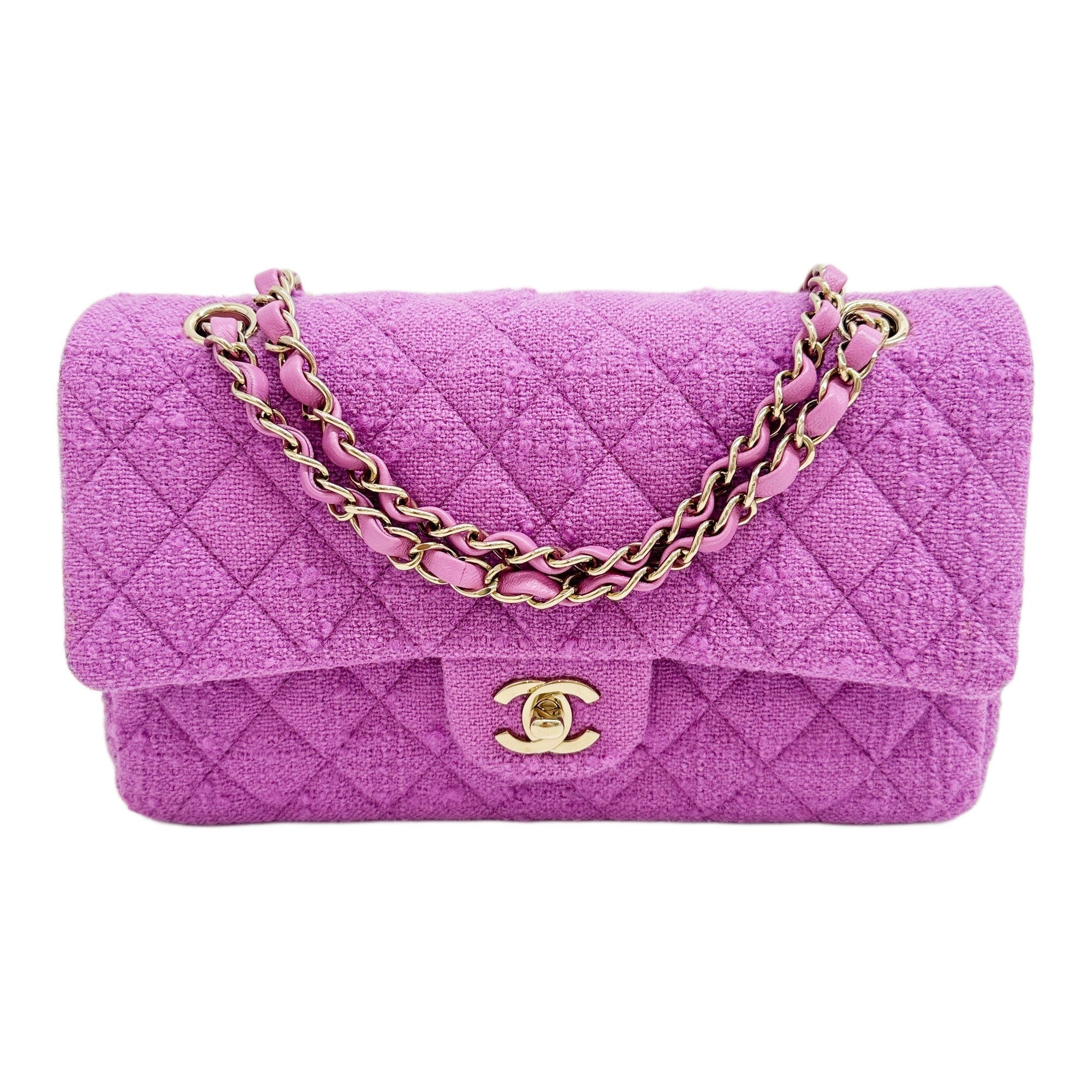 Medium Classic Double Flap 2021-2026 Matelasse Fuchsia Pink Tweed Shoulder Bag