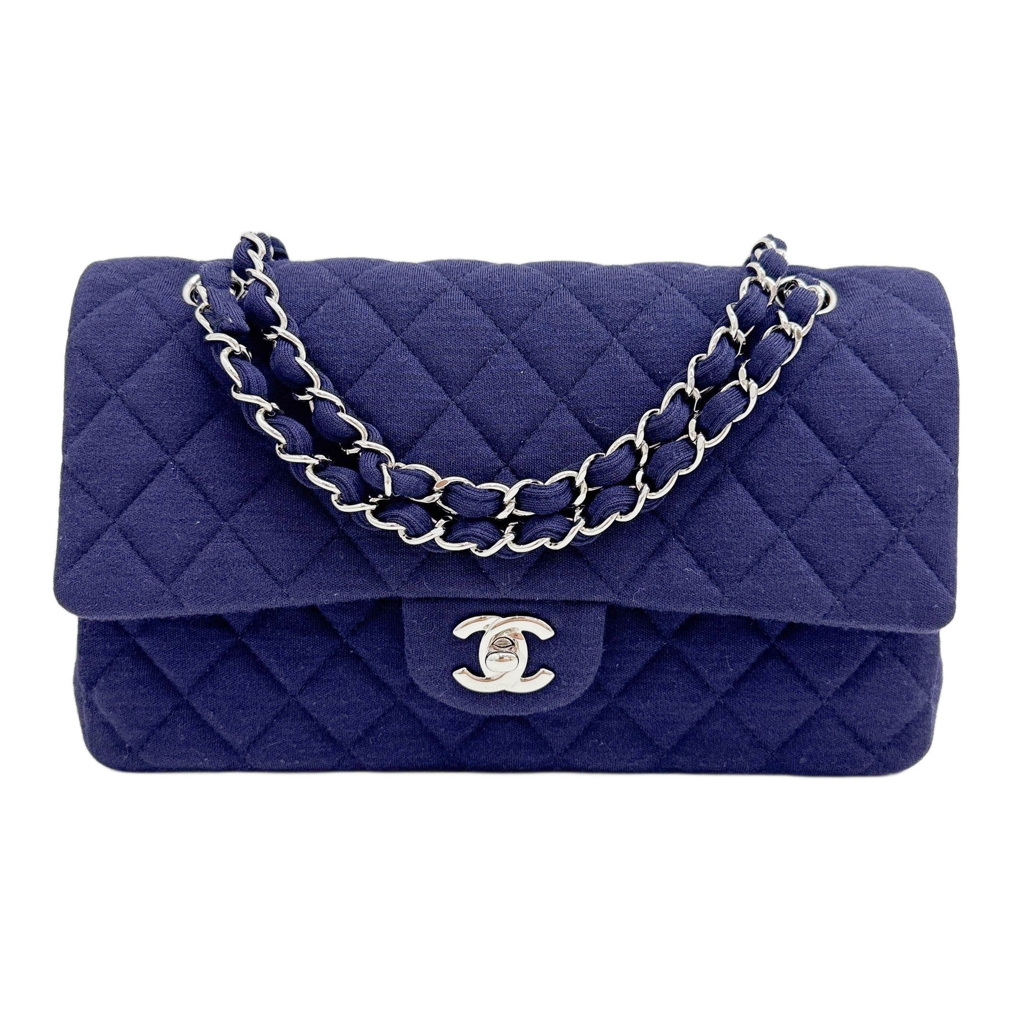 Medium Classic Double Flap 2014 Matelasse Navy Blue Cotton Shoulder Bag