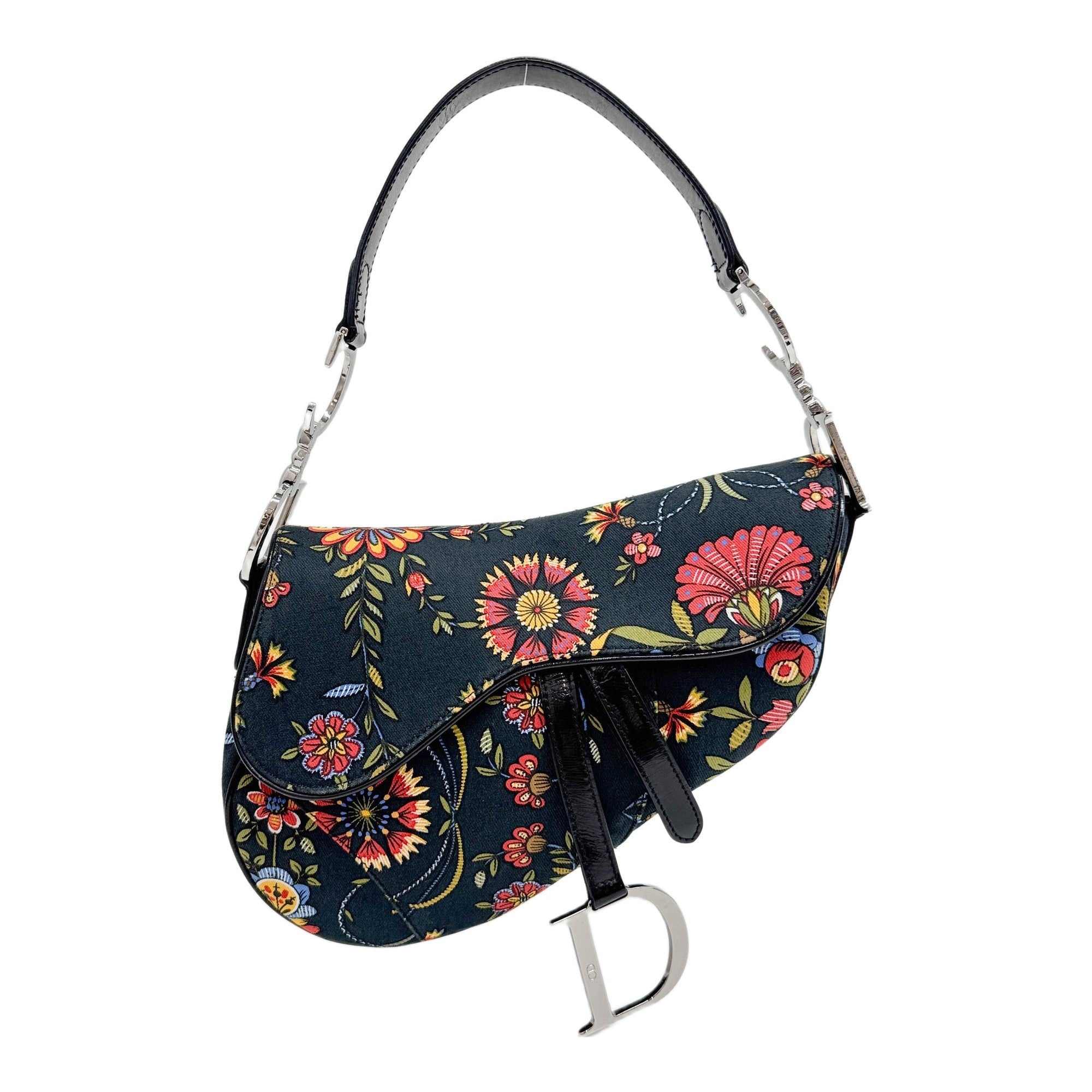Saddle Black Trim Dark Blue Floral Print Canvas Shoulder Bag