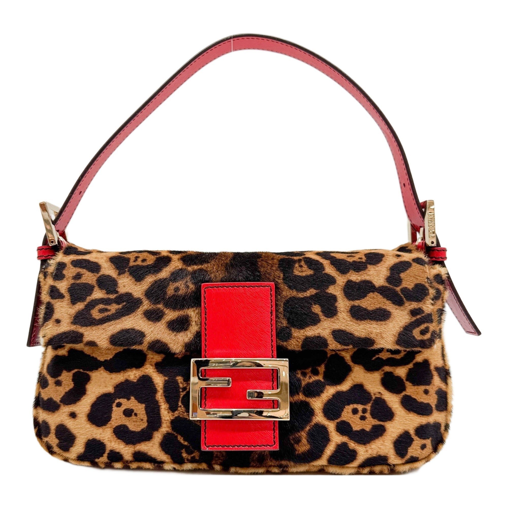 Baguette Red Trim Brown Leopard Print Pony Hair Shoulder Bag
