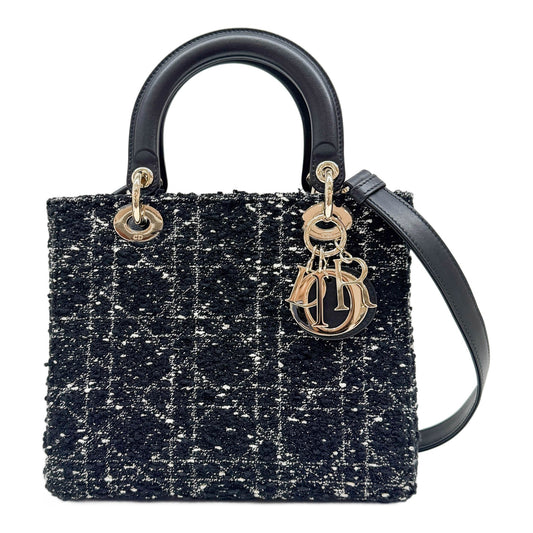 Medium Lady Dior Cannage Black and White Tweed Two Way Bag