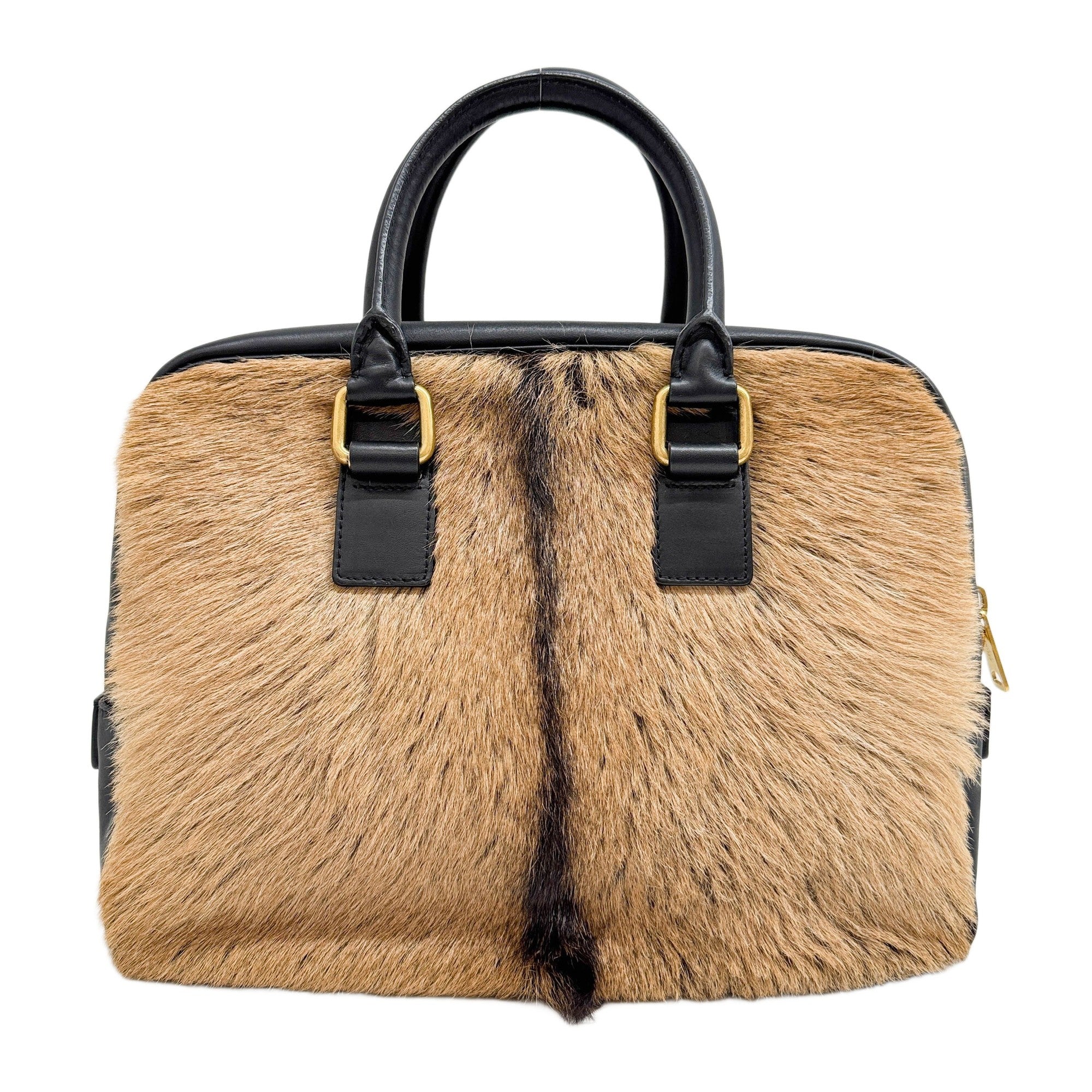 Black Leather Trim Brown Faux Fur Hand Bag
