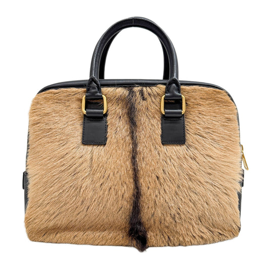 Black Leather Trim Brown Faux Fur Hand Bag