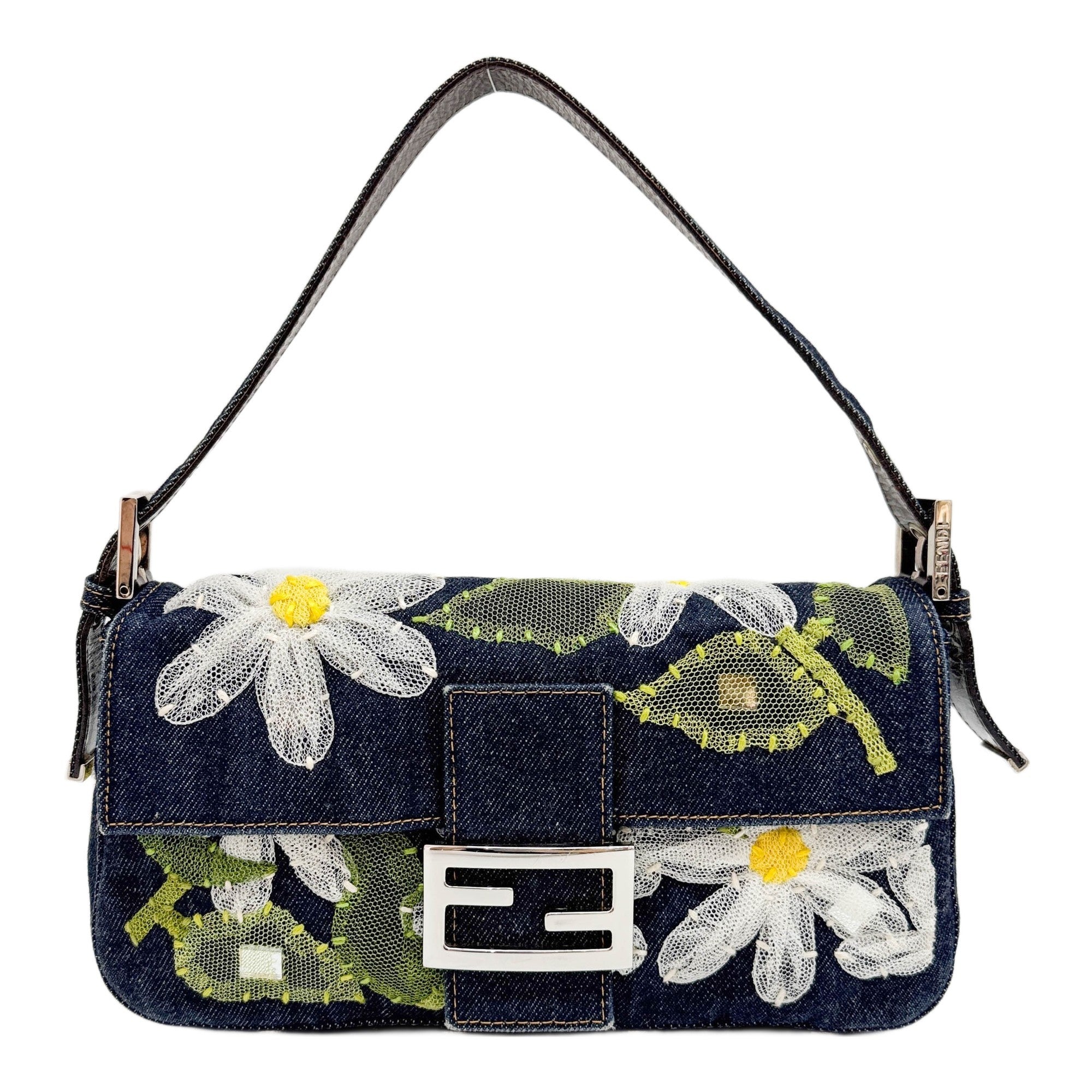 Baguette Floral Mesh Embroidered Navy Denim Shoulder Bag