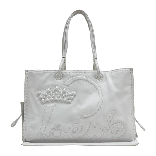 Crown Shopper White Leather Tote Bag