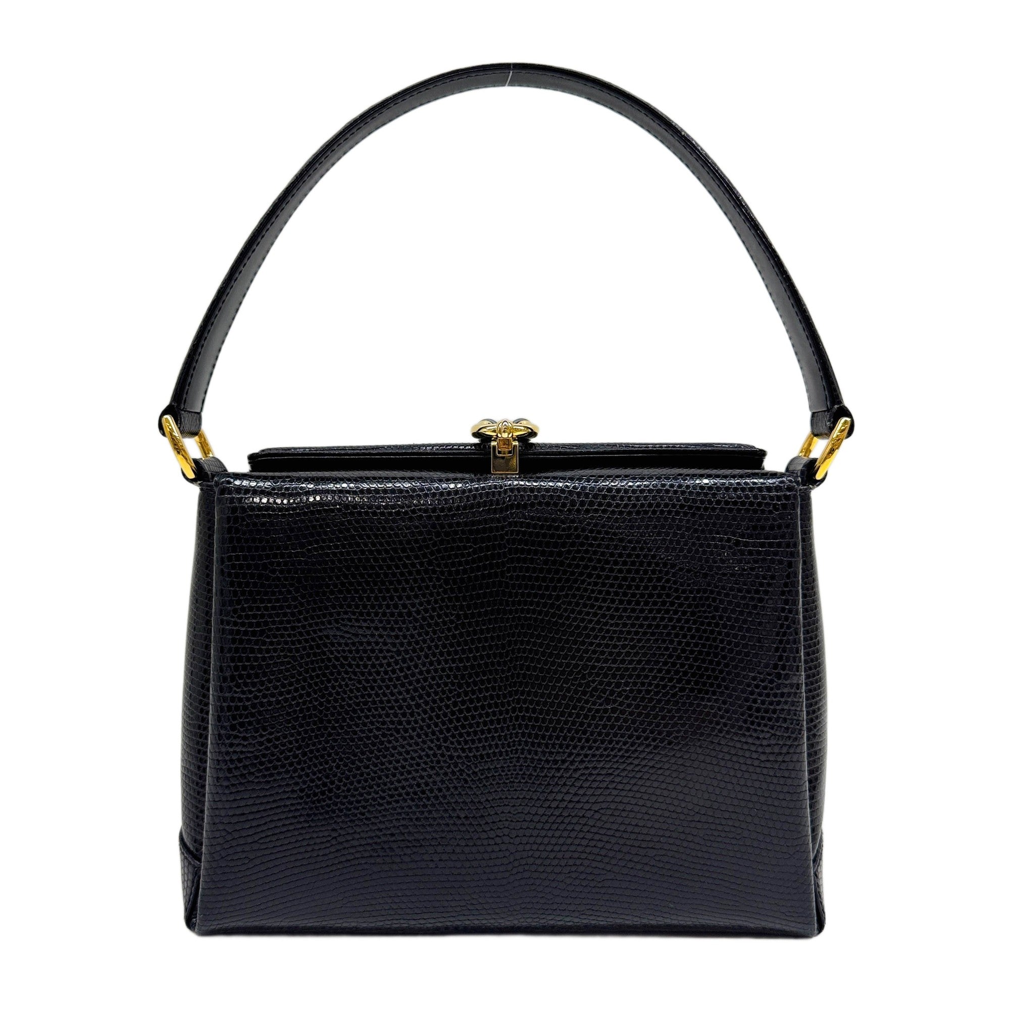 Horseshoe Clasp Black Lizzard Embossed Leather Handle Bag