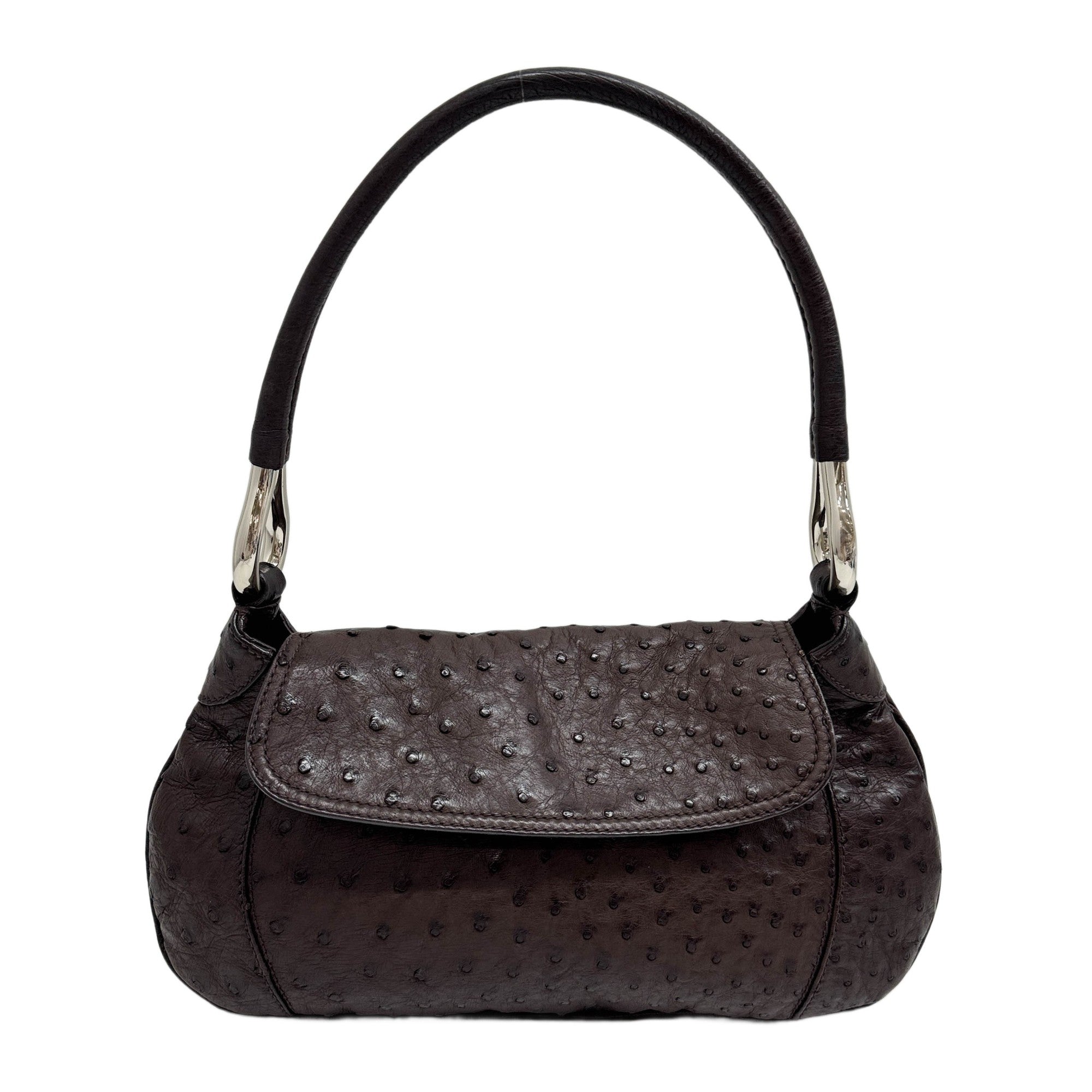Brown Ostrich Embossed Leather Shoulder Bag