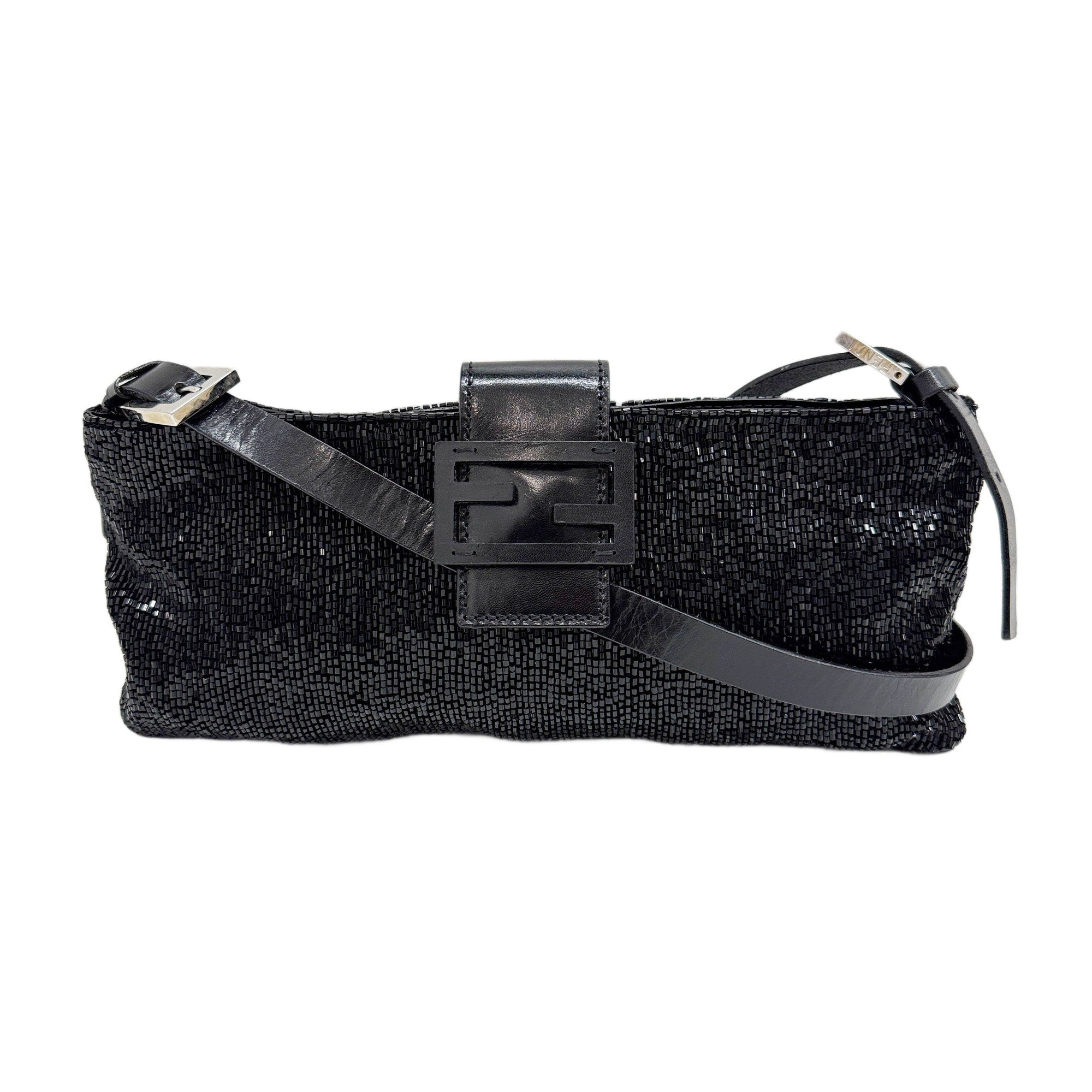 Long Baguette Black Beaded Shoulder Bag