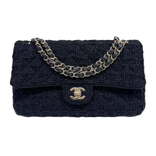 Medium Classic Double Flap 2021 Matelasse Sparkling Black Tweed Shoulder Bag