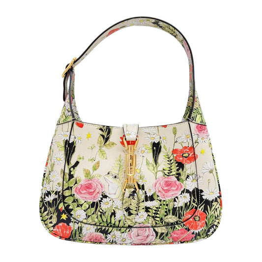 Gucci x Yuko Higuchi Jackie 1961 Beige Floral Print Canvas Shoulder Bag