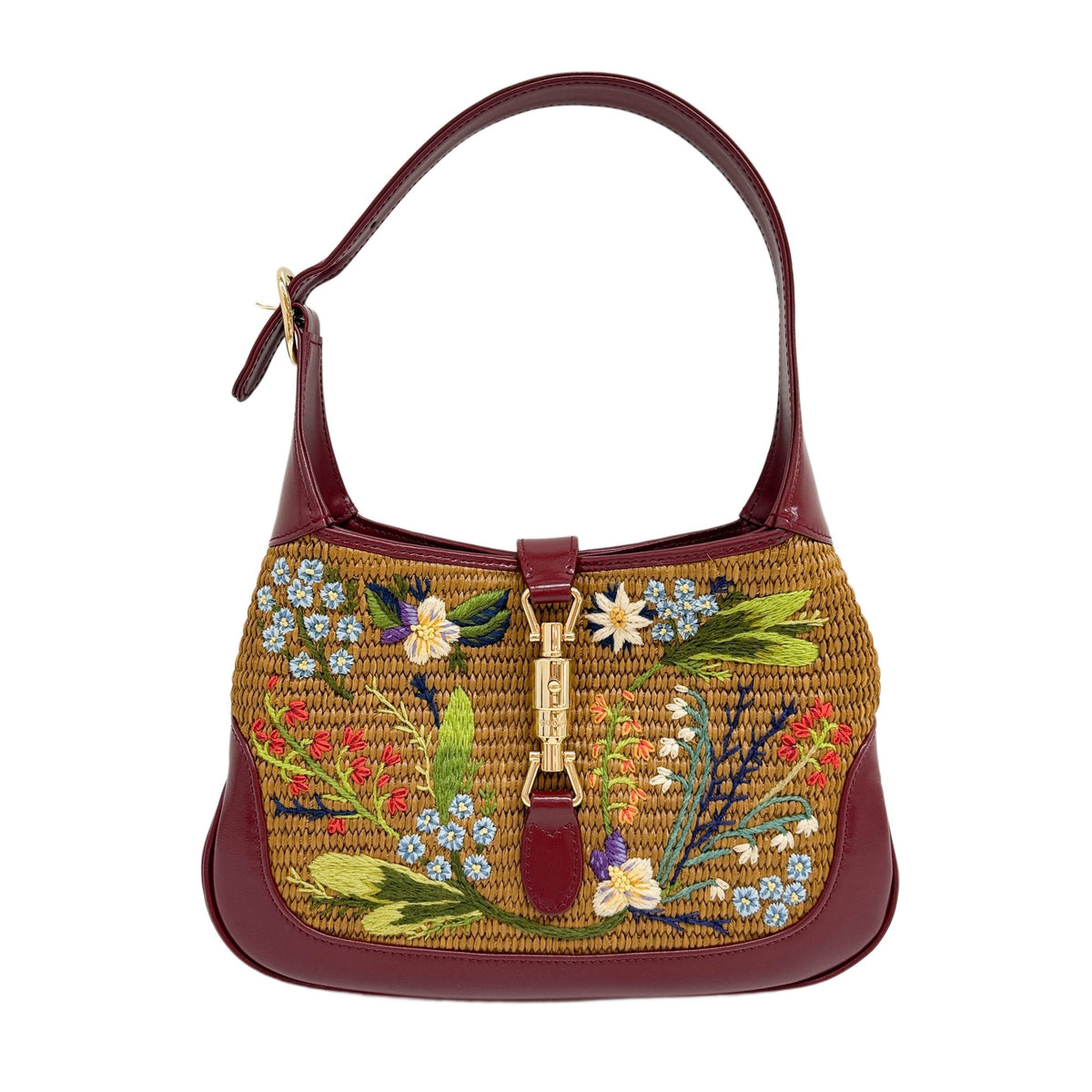 Jackie 1961 Red Leather Trim Floral Embroidery Brown Raffia Shoulder Bag