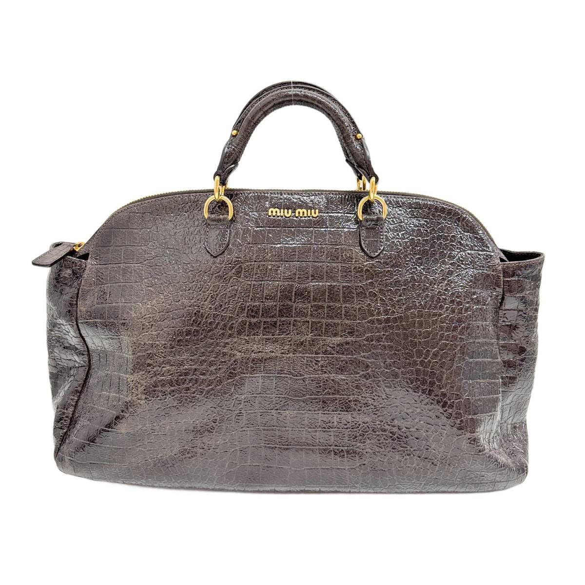 Bowling Dark Brown Crocodile Embossed Glossy Leather Hand Bag