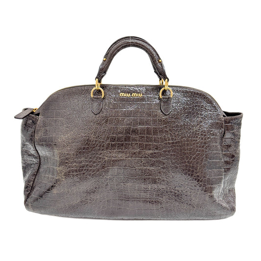 Bowling Dark Brown Crocodile Embossed Glossy Leather Hand Bag