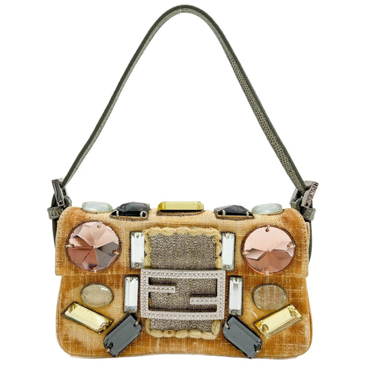 Mini Baguette Glass Jeweles Beige Tweed Two Way Bag