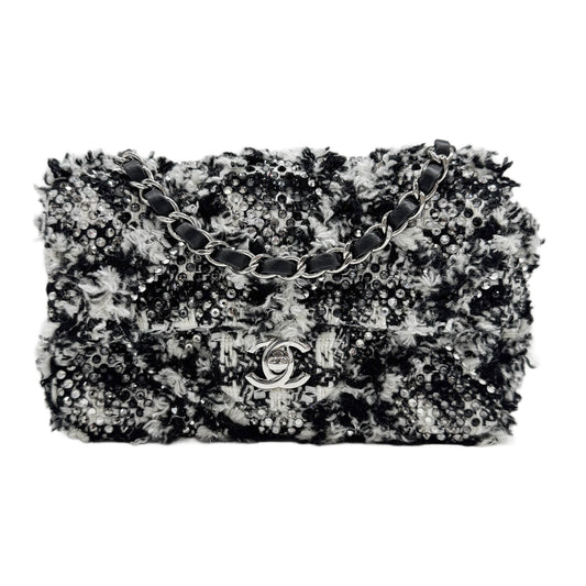 Rectangular Mini Classic Flap 2020 Rhinestone Decor Black & White Tweed Shoulder Bag