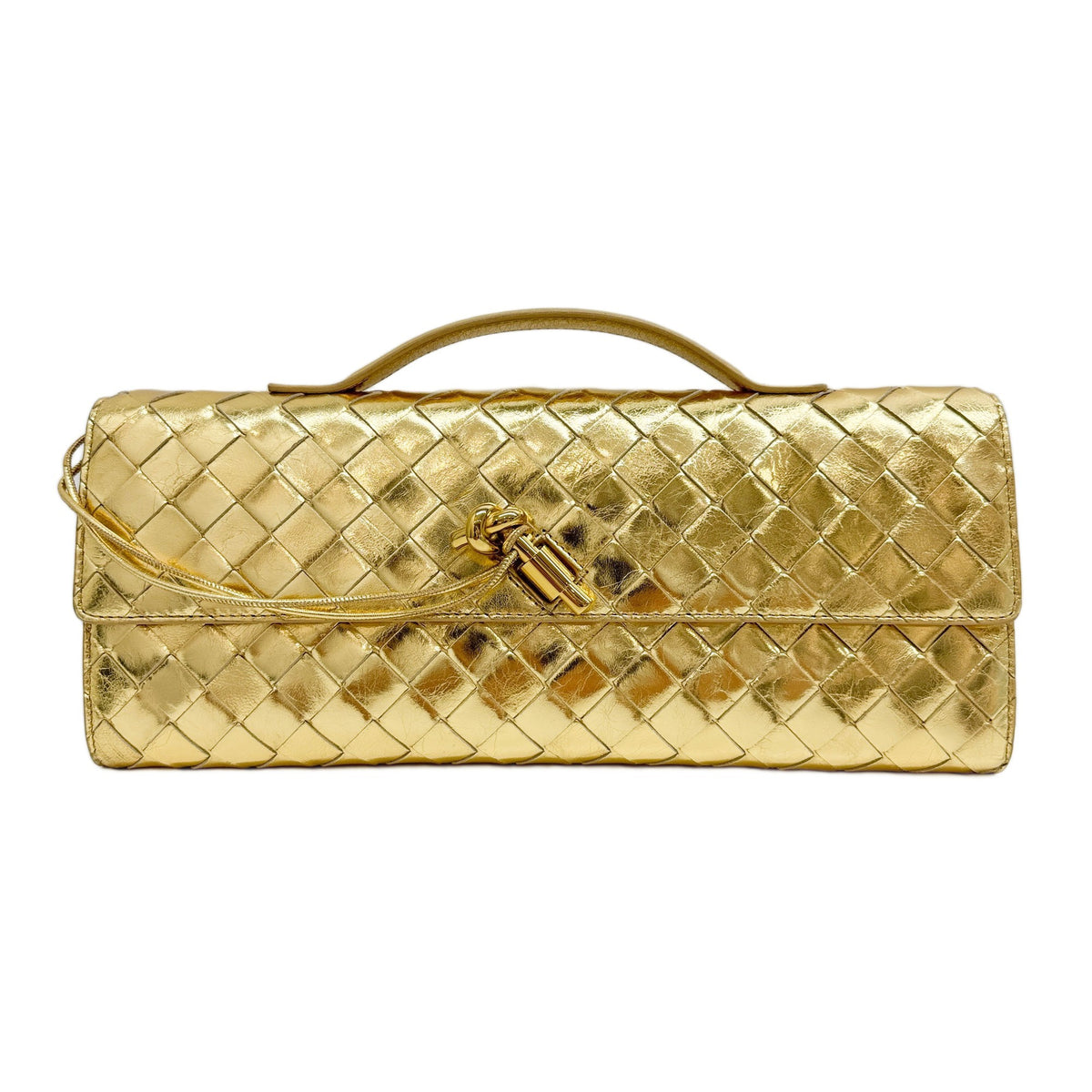 Andiamo Intrecciato Gold Leather Top Handle Clutch Bag