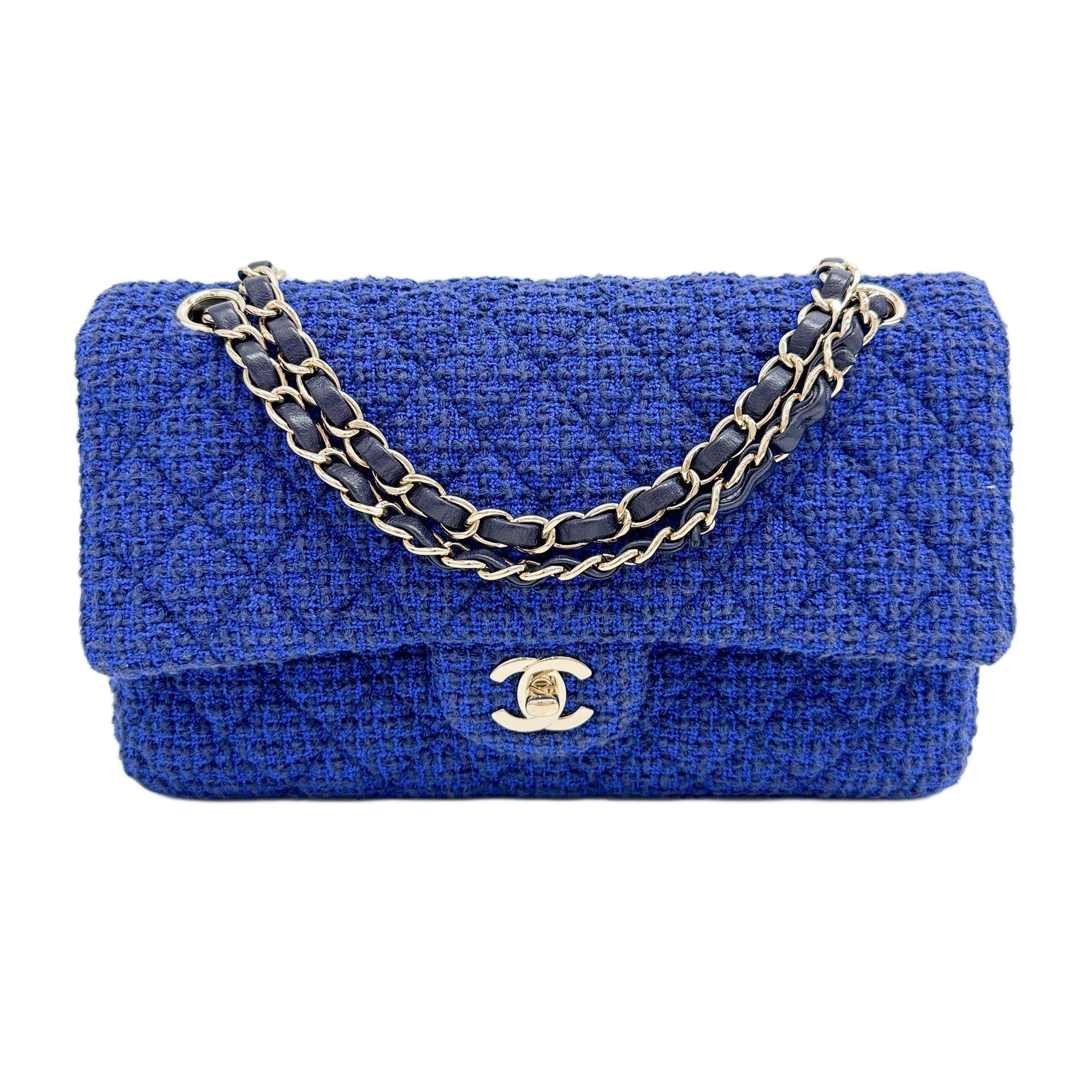 Medium Classic Double Flap 2021 Matelasse Blue Tweed Shoulder Bag