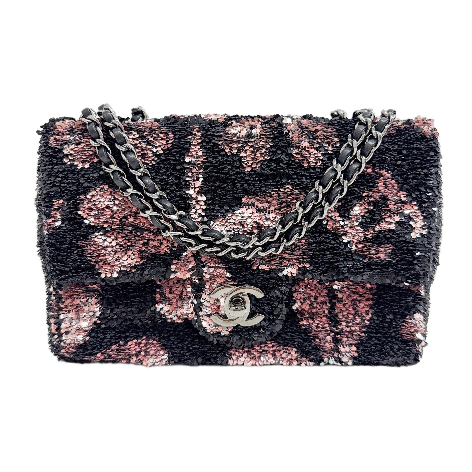 Rectangular Mini Classic Flap 2021-2026 Floral Details Black Sequin Shoulder Bag