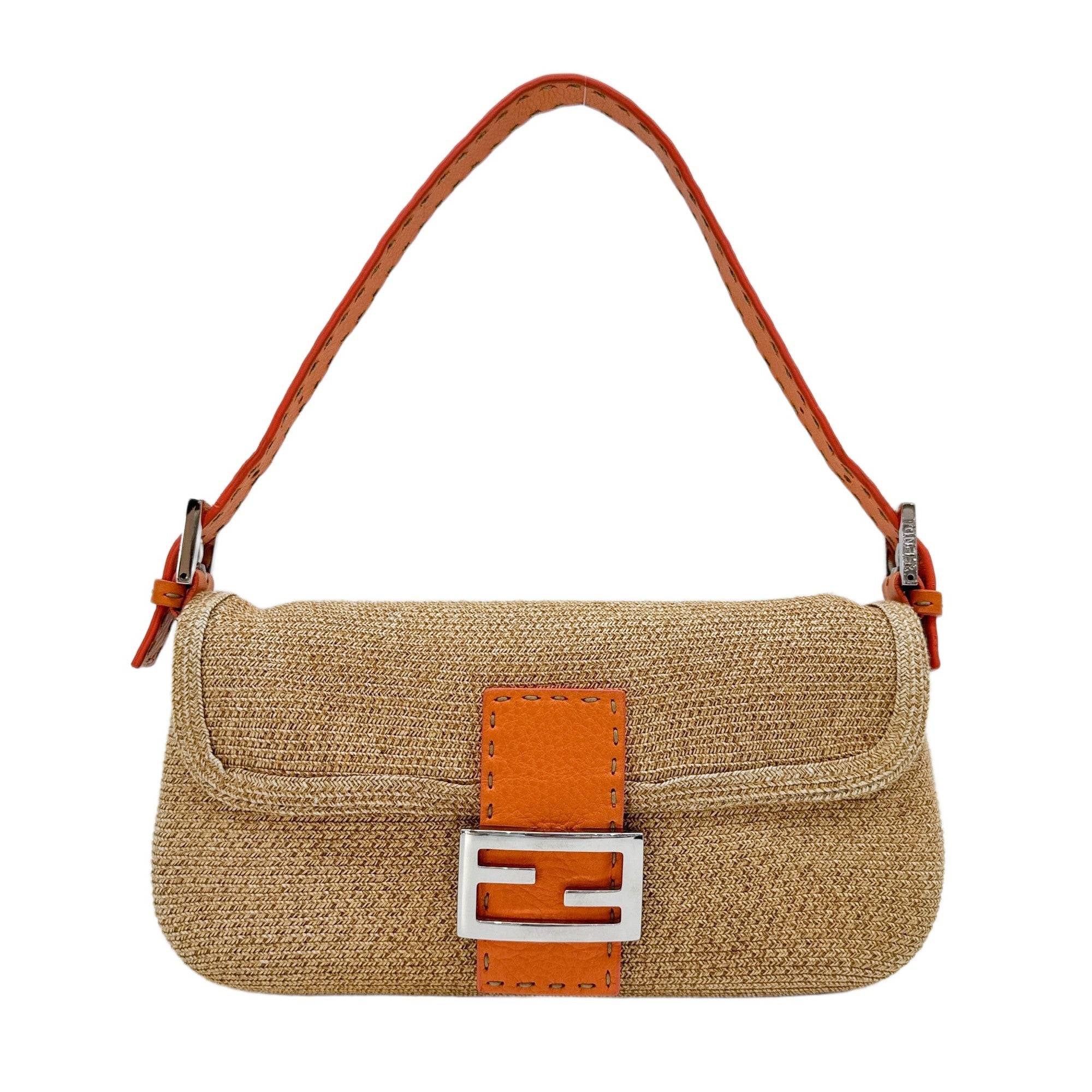 Baguette Selleria Orange Leather Trim Brown Raffia Shoulder Bag