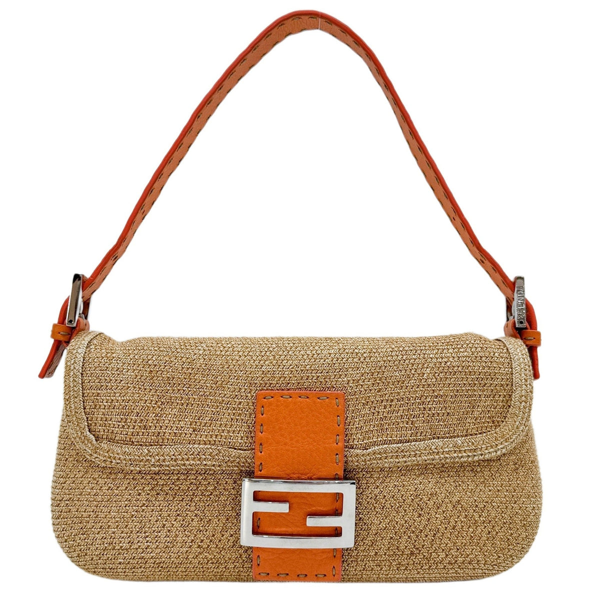 Baguette Selleria Orange Leather Trim Brown Raffia Shoulder Bag