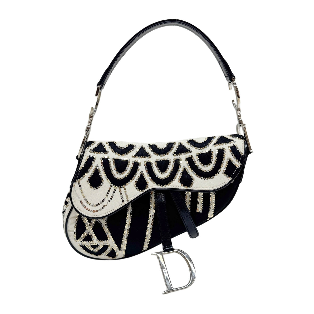 Saddle Sequin Embellished Black & White Satin Shoulder Bag