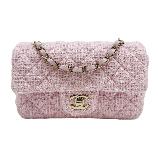 Rectangular Mini Classic Flap 2021 Matelasse Pink Tweed Shoulder Bag