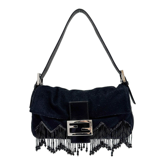 Baguette Beaded Fringe Black Wool Shoulder Bag