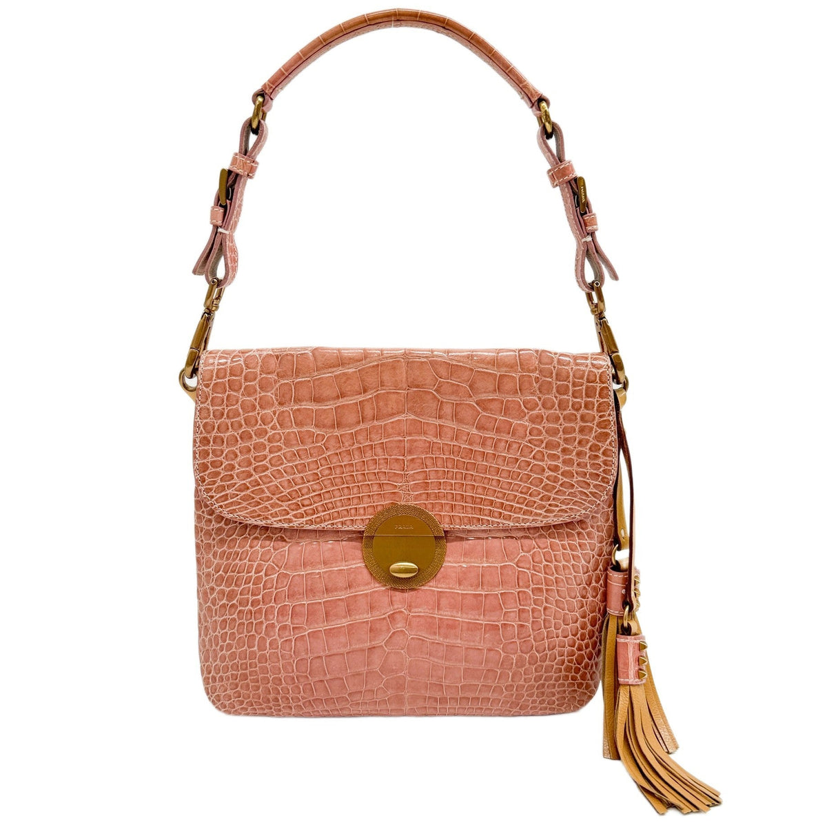 Pale Pink Crocodile Embossed Leather Shoulder Bag