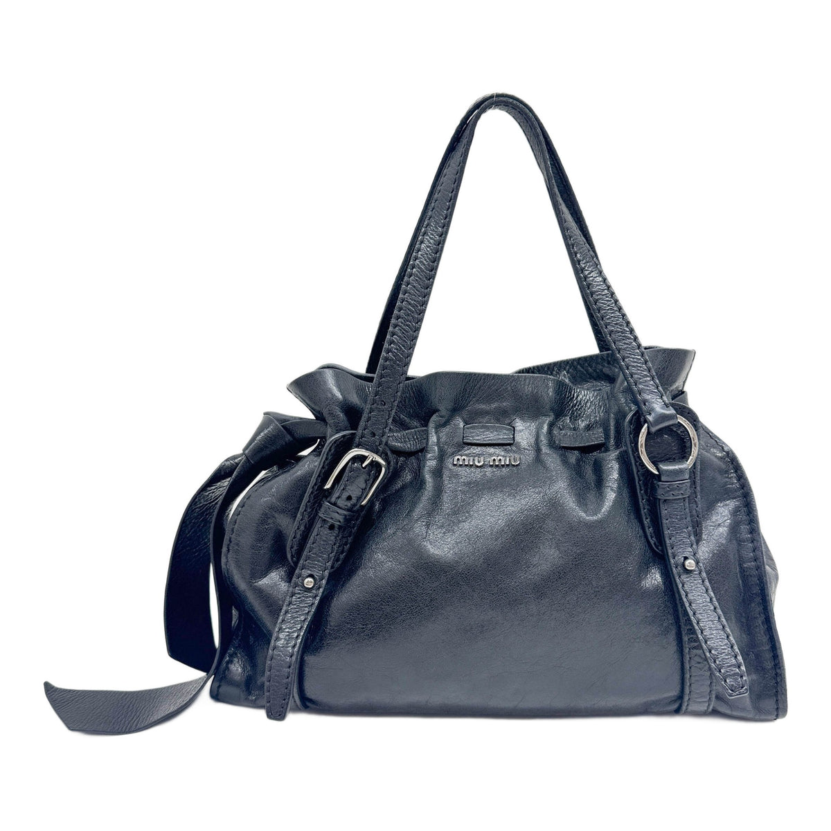 Vitello Lux Bow Black Leather Shoulder Bag