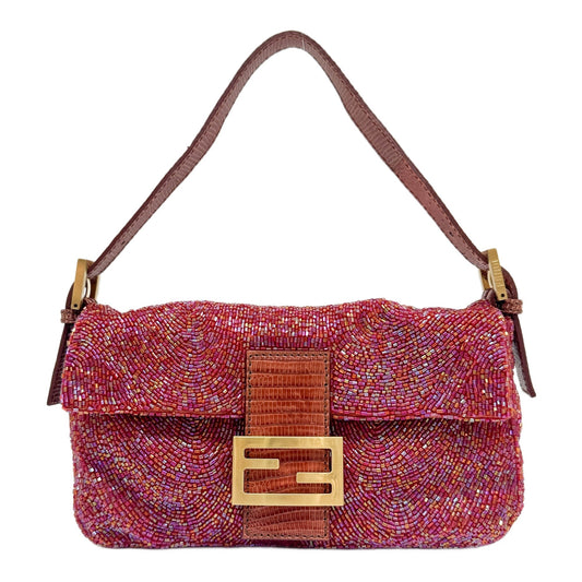 Baguette Python Embossed Strap Red Beads Shoulder Bag
