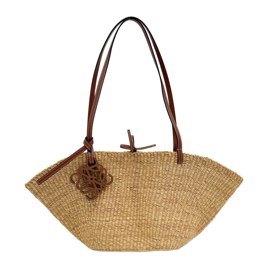 Anagram Basket Brown Woven Straw Shoulder Bag