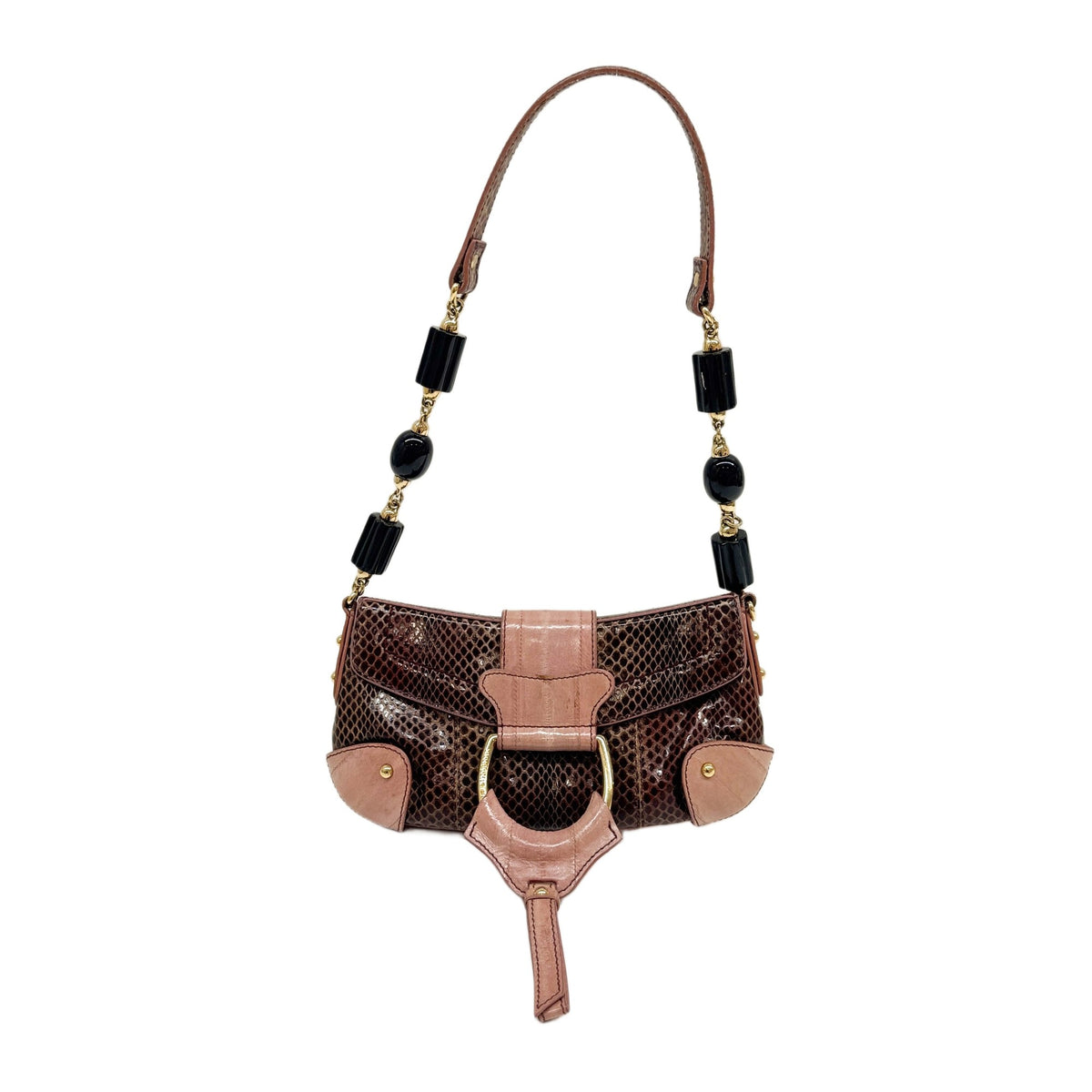 D-Ring Pink Python & Eel Embossed Leather Shoulder Bag