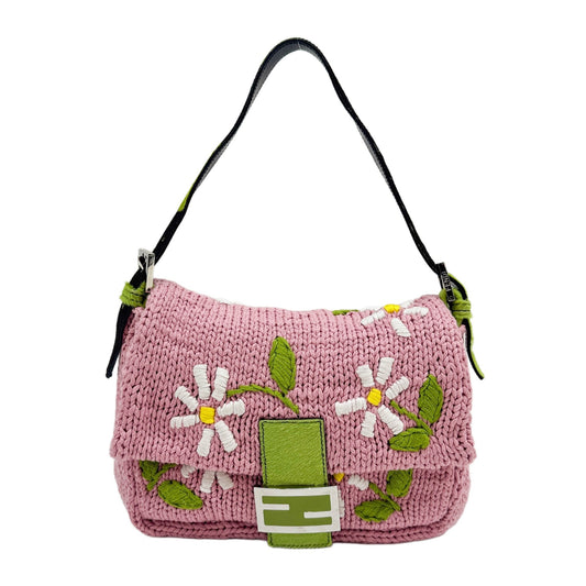 Mamma Baguette Pink Knit Wool Pony Hair Trim Strap Shoulder Bag