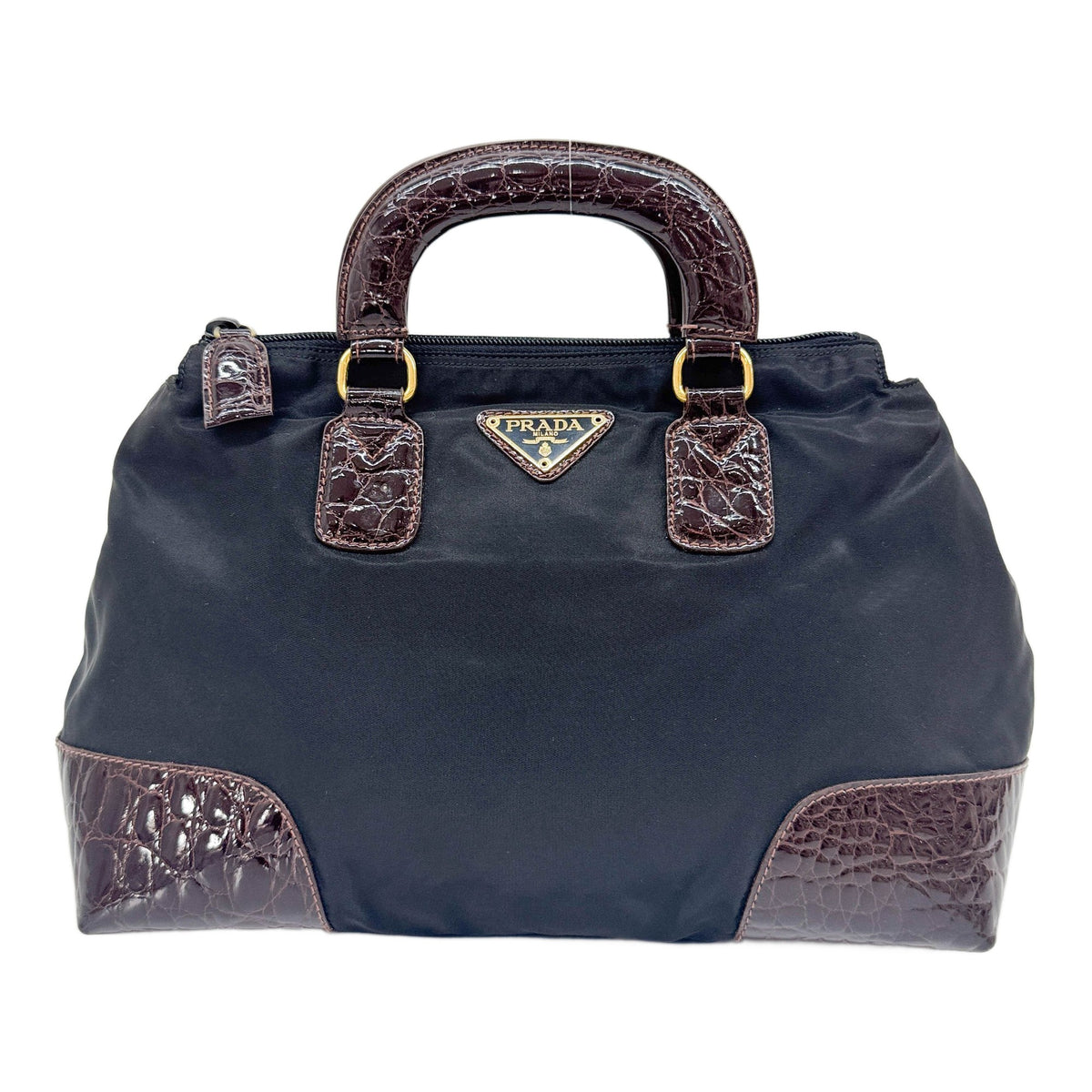 Black Nylon with Brown Crocodile Leather Trim Hand Bag