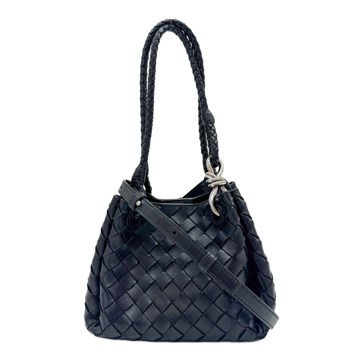 Small Parachute Intrecciato Black Leather Two Way Bag