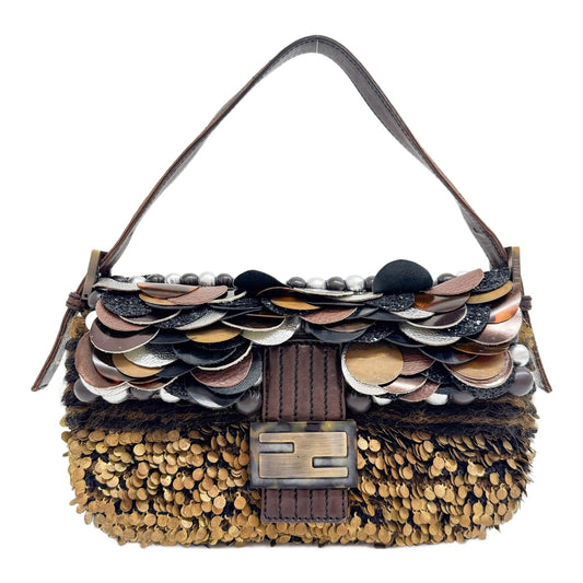 Baguette Rare Limited Edition Leather and Metal Paillettes Brown Multi-Fabric Shoulder Bag