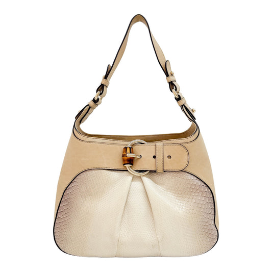 Bamboo Buckle Light Brown Trim on Beige Python Embossed Leather Shoulder Bag