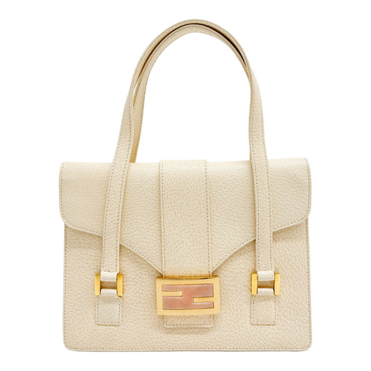 Granite Clasp Flap Beige Leather Hand Bag