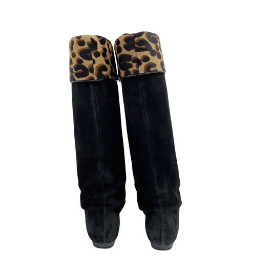 35 1/2 Black Suede Leopard Print Pony Hair Tall Boots