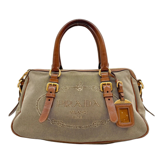Boston Leather Trim Brown Jacquard Canvas Two Way Bag