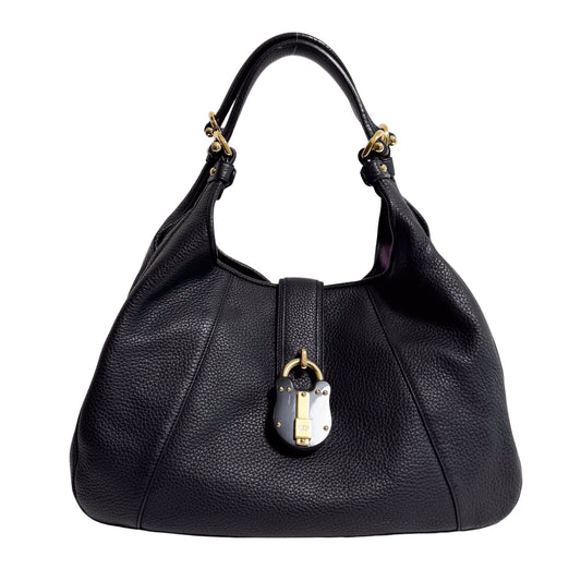Black Pebbled Leather Handle Bag with Padlock
