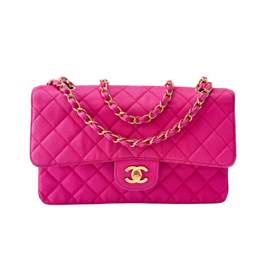 Timeless Classic Double Flap Pink Satin Chain Shoulder Bag