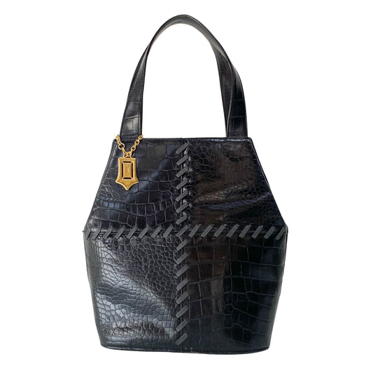 Black Croc Embossed Leather Shoulder Bag