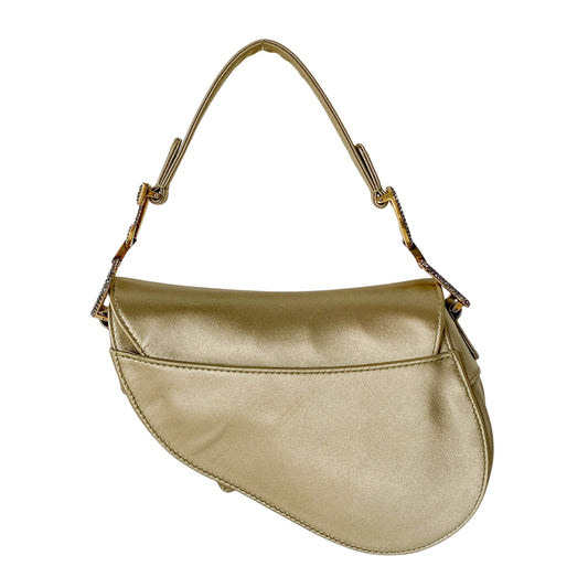 Mini Saddle Light Khaki Satin Shoulder Bag with Rhinestone Hardware