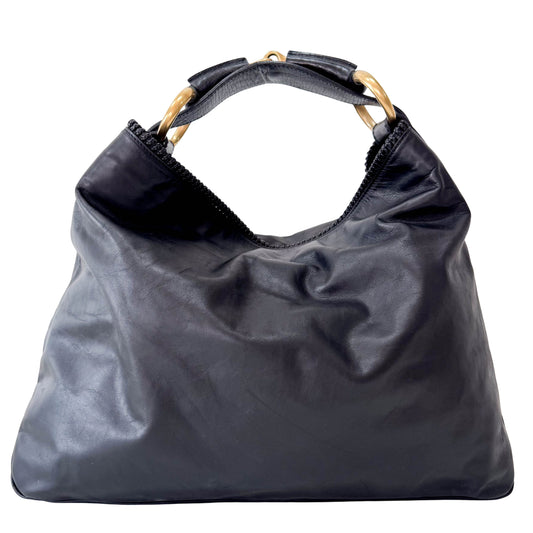 Horsebit Black Leather Hobo Shoulder Bag