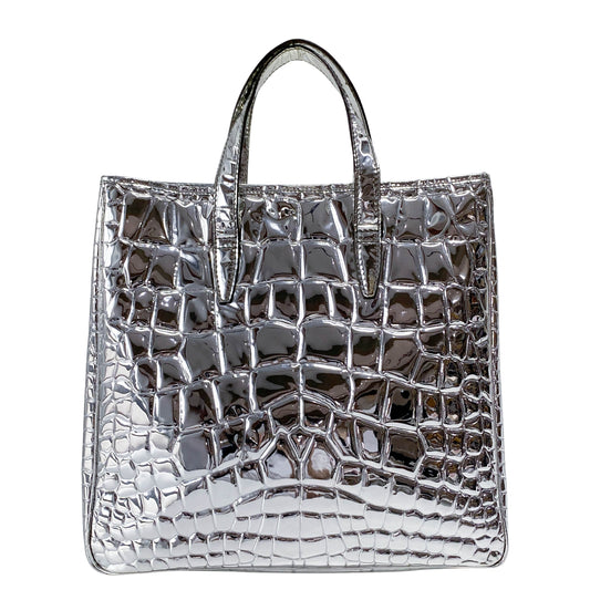 Silver Croc Embossed Patent Leather Tote Bag
