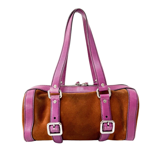 Brown Suede Purple Leather Shoulder Bag