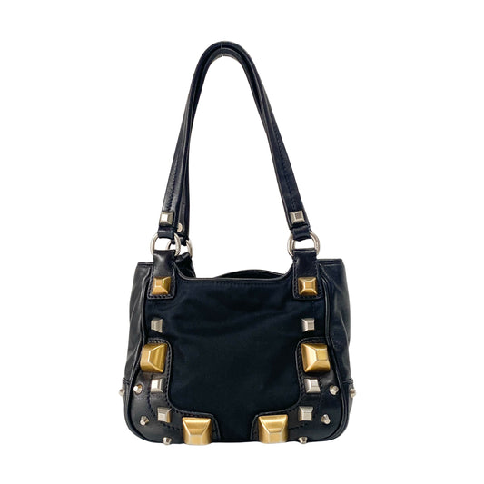 Mini Black Nylon & Leather Studs Shoulder Bag